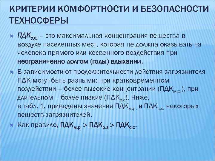 КРИТЕРИИ КОМФОРТНОСТИ И БЕЗОПАСНОСТИ ТЕХНОСФЕРЫ ПДКс. с. – это максимальная концентрация вещества в воздухе