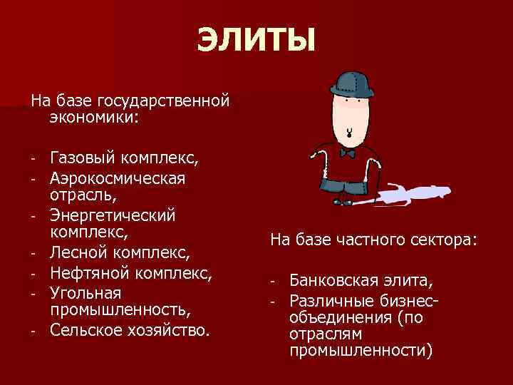 ЭЛИТЫ На базе государственной экономики: - Газовый комплекс, Аэрокосмическая отрасль, Энергетический комплекс, Лесной комплекс,