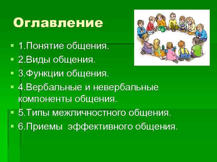 Оглавление § § 1. Понятие общения. 2. Виды общения. 3. Функции общения. 4. Вербальные