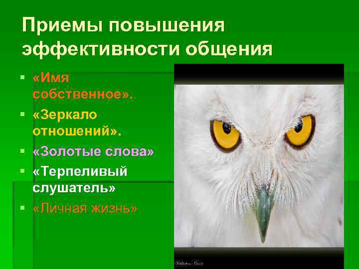 Приемы повышения эффективности общения § «Имя собственное» . § «Зеркало отношений» . § «Золотые