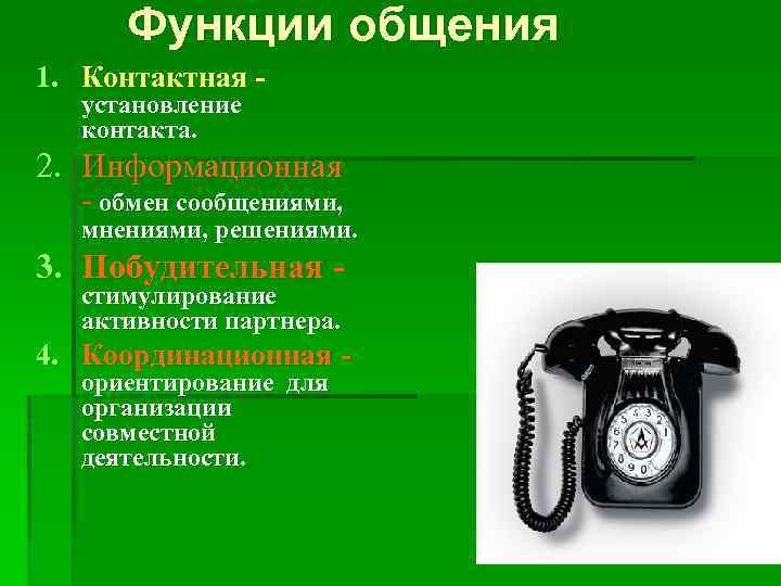 Функции общения 1. Контактная установление контакта. 2. Информационная - обмен сообщениями, мнениями, решениями. 3.