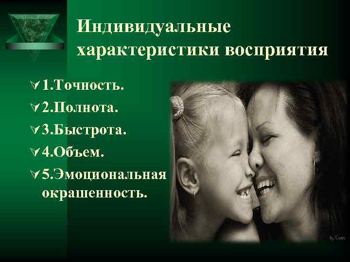 Индивидуальные характеристики восприятия Ú 1. Точность. Ú 2. Полнота. Ú 3. Быстрота. Ú 4.