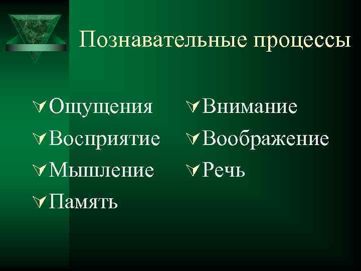 Познавательные процессы ÚОщущения ÚВнимание ÚВосприятие ÚВоображение ÚМышление ÚРечь ÚПамять 