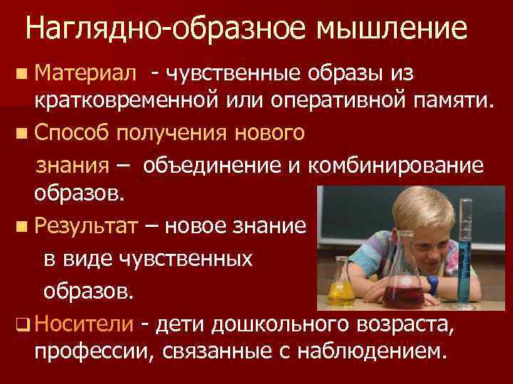 Наглядно-образное мышление n Материал - чувственные образы из кратковременной или оперативной памяти. n Способ