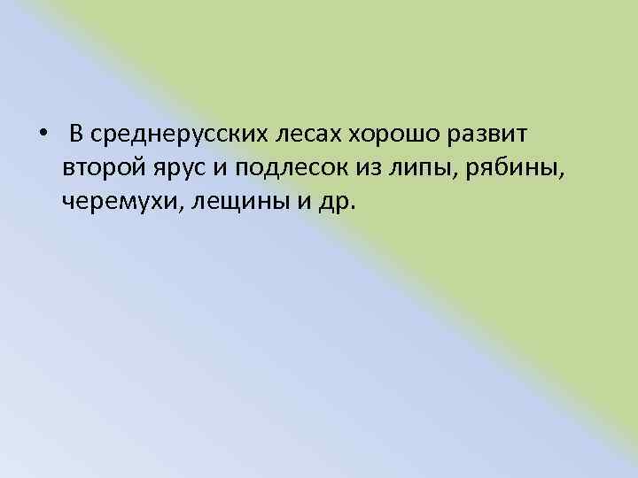  • В среднерусских лесах хорошо развит второй ярус и подлесок из липы, рябины,
