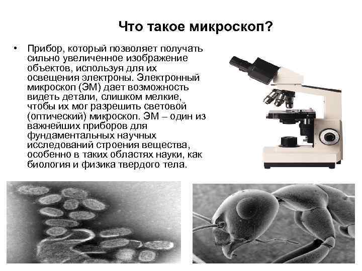 Что такое микроскоп? • Прибор, который позволяет получать сильно увеличенное изображение объектов, используя для