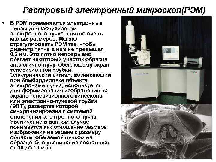 Растровый электронный микроскоп(РЭМ) • В РЭМ применяются электронные линзы для фокусировки электронного пучка в