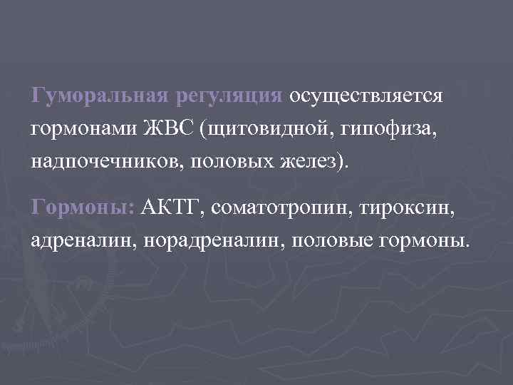 Гуморальная регуляция осуществляется гормонами ЖВС (щитовидной, гипофиза, надпочечников, половых желез). Гормоны: АКТГ, соматотропин, тироксин,