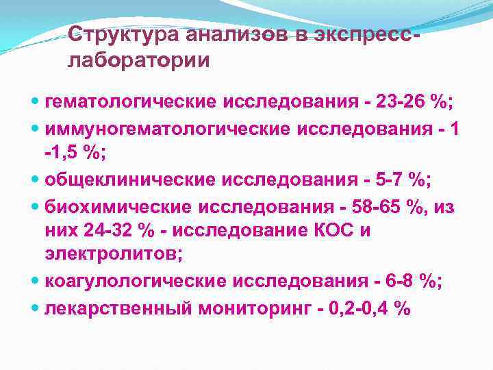 Структура анализов в экспресслаборатории гематологические исследования - 23 -26 %; иммуногематологические исследования - 1