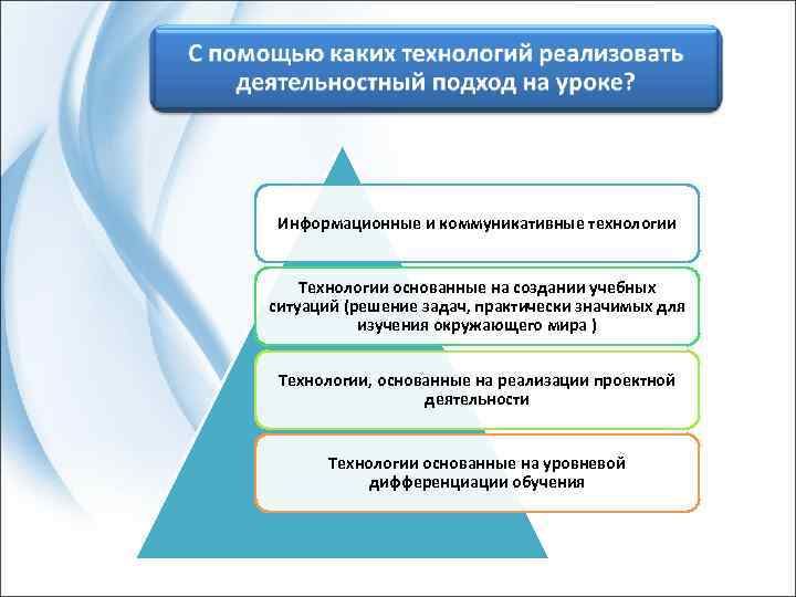 Информационные и коммуникативные технологии Технологии основанные на создании учебных ситуаций (решение задач, практически значимых