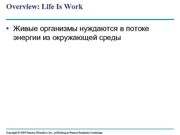 Overview: Life Is Work • Живые организмы нуждаются в потоке энергии из окружающей среды