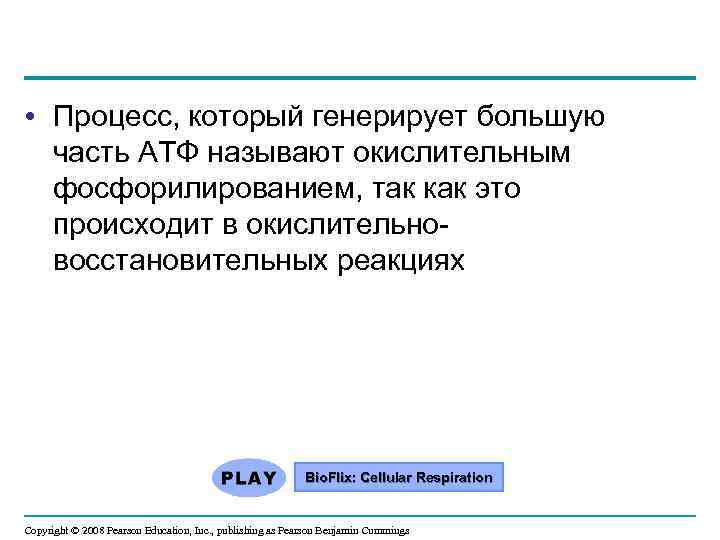  • Процесс, который генерирует большую часть АТФ называют окислительным фосфорилированием, так как это
