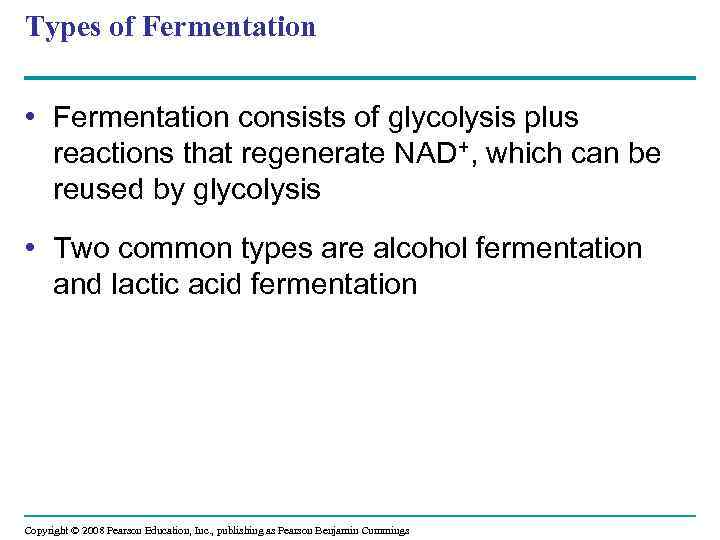 Types of Fermentation • Fermentation consists of glycolysis plus reactions that regenerate NAD+, which