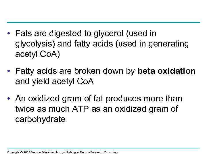  • Fats are digested to glycerol (used in glycolysis) and fatty acids (used