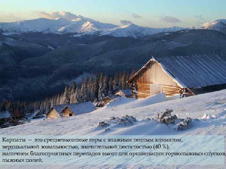 Карпаты — это средневысотные горы с влажным теплым климатом, вертикальной зональностью, значительной лесистостью (40
