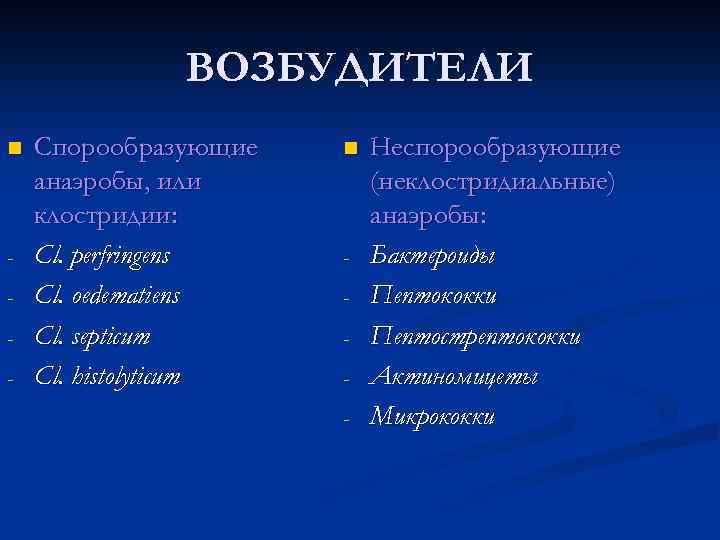 ВОЗБУДИТЕЛИ n - Спорообразующие анаэробы, или клостридии: Cl. perfringens Cl. oedematiens Cl. septicum Cl.