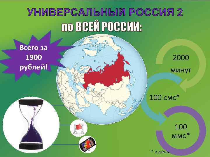 по ВСЕЙ РОССИИ: Всего за 1900 рублей! 2000 минут 100 смс* 100 ммс* *