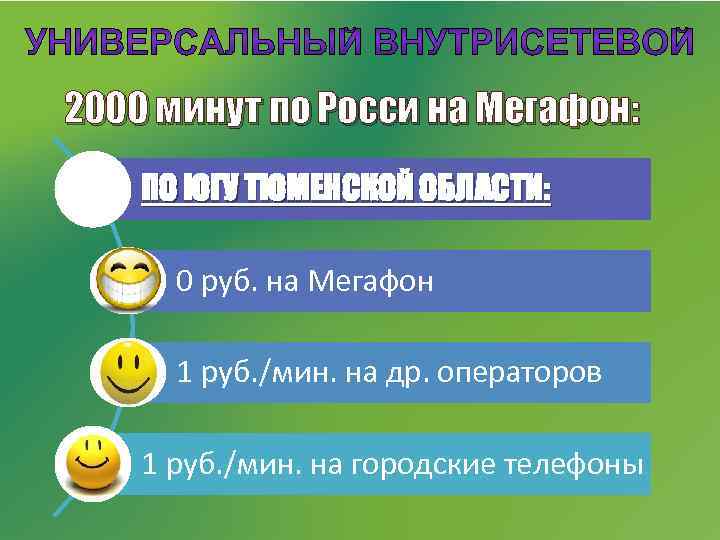 2000 минут по Росси на Мегафон: ПО ЮГУ ТЮМЕНСКОЙ ОБЛАСТИ: 0 руб. на Мегафон