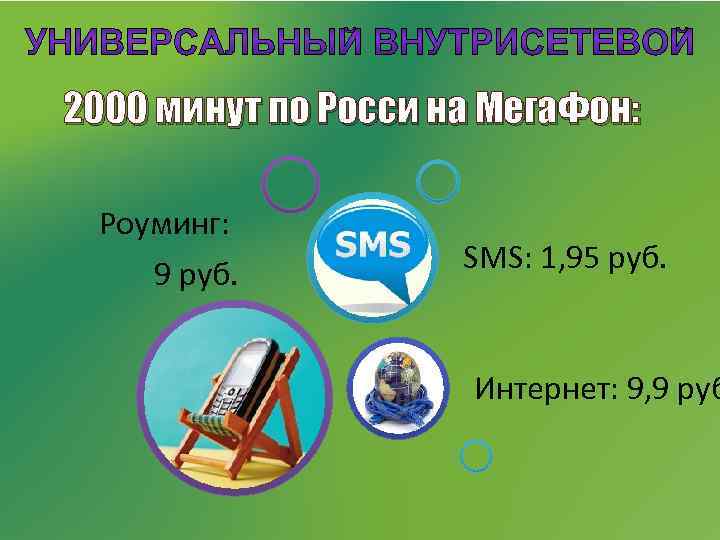 2000 минут по Росси на Мега. Фон: Роуминг: 9 руб. SMS: 1, 95 руб.