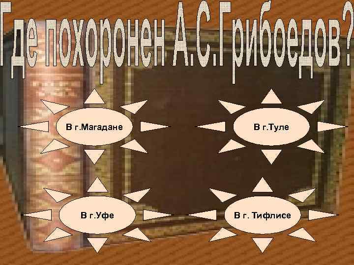 В г. Магадане В г. Уфе В г. Туле В г. Тифлисе 