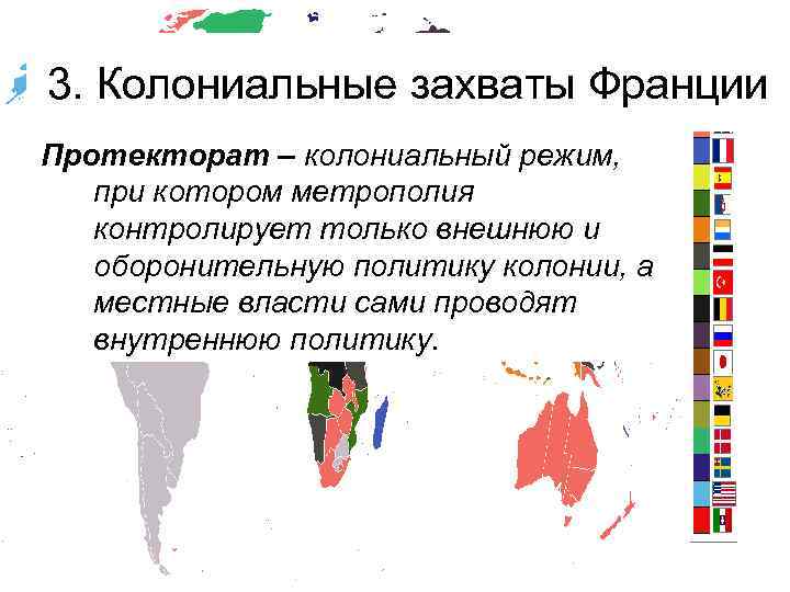 3. Колониальные захваты Франции Протекторат – колониальный режим, при котором метрополия контролирует только внешнюю
