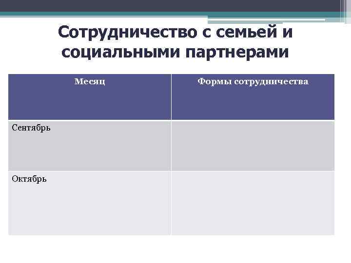 Сотрудничество с семьей и социальными партнерами Месяц Сентябрь Октябрь Формы сотрудничества 