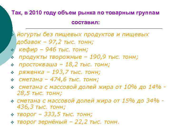 Так, в 2010 году объем рынка по товарным группам составил: v v v v