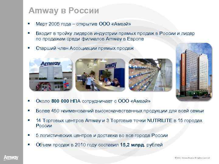 Amway в России § Март 2005 года – открытие ООО «Амвэй» § Входит в
