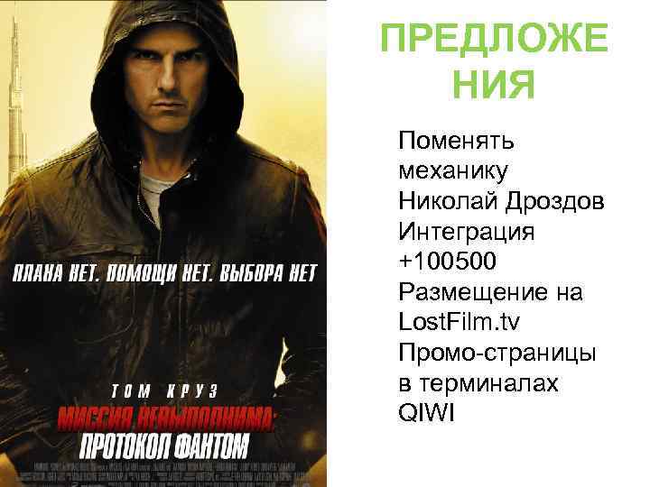 ПРЕДЛОЖЕ НИЯ Поменять механику Николай Дроздов Интеграция +100500 Размещение на Lost. Film. tv Промо-страницы