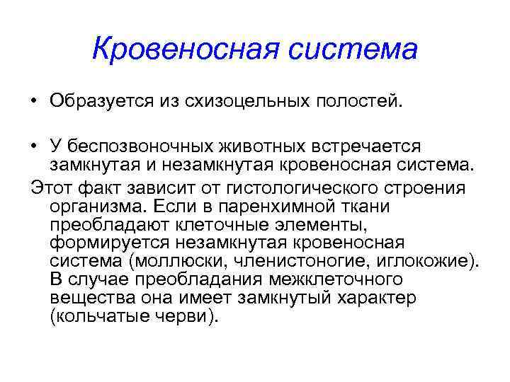 Кровеносная система • Образуется из схизоцельных полостей. • У беспозвоночных животных встречается замкнутая и