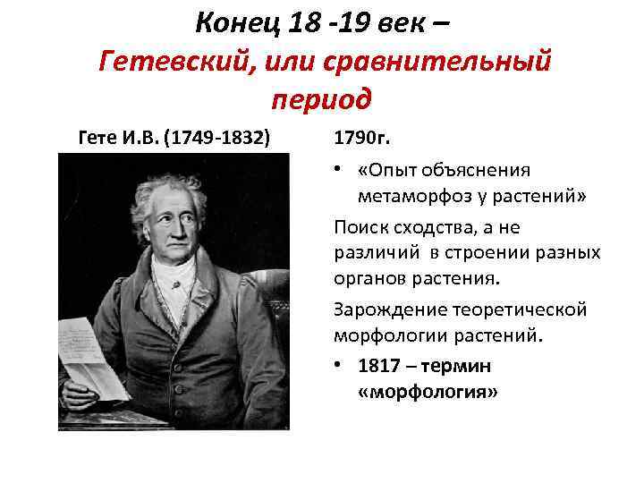 Конец 18 -19 век – Гетевский, или сравнительный период Гете И. В. (1749 -1832)