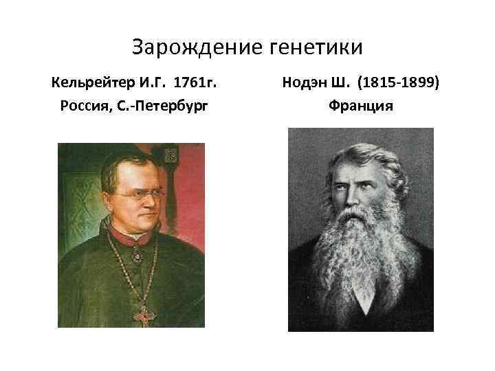 Зарождение генетики Кельрейтер И. Г. 1761 г. Россия, С. -Петербург Нодэн Ш. (1815 -1899)