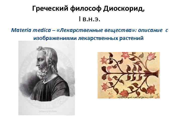 Греческий философ Диоскорид, I в. н. э. Materia medica – «Лекарственные вещества» : описание