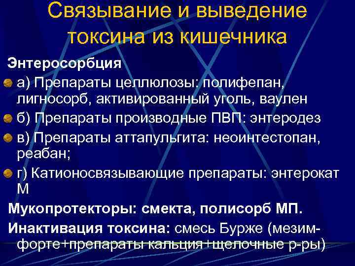 Связывание и выведение токсина из кишечника Энтеросорбция а) Препараты целлюлозы: полифепан, лигносорб, активированный уголь,