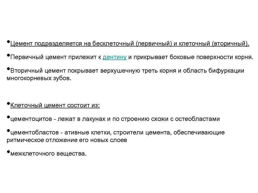  • Цемент подразделяется на бесклеточный (первичный) и клеточный (вторичный). • Первичный цемент прилежит