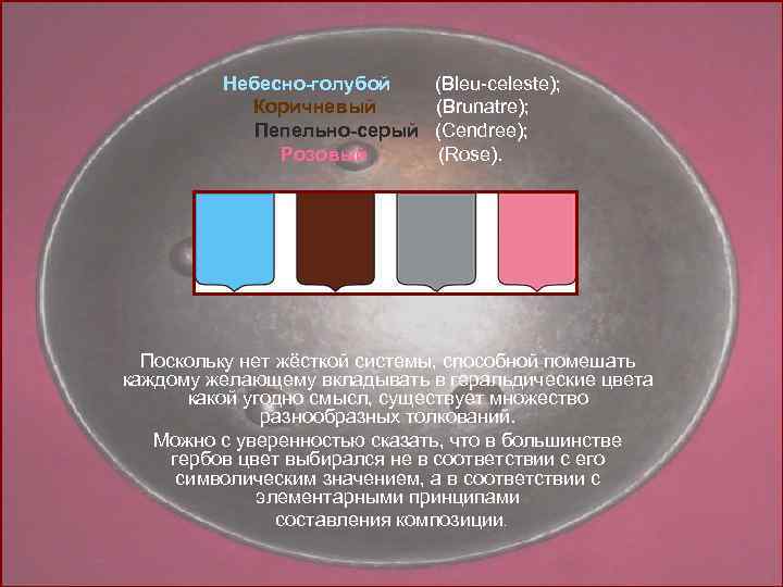 Небесно-голубой (Bleu-celeste); Коричневый (Brunatre); Пепельно-серый (Cendree); Розовый (Rose). Поскольку нет жёсткой системы, способной помешать