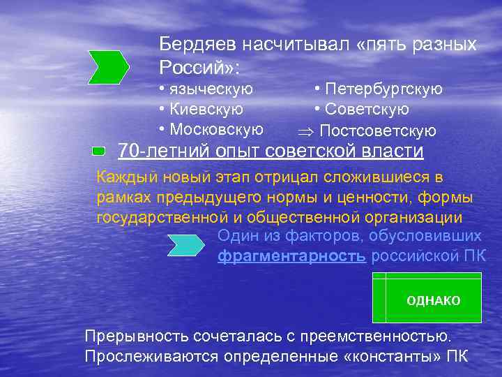 Бердяев насчитывал «пять разных Россий» : • языческую • Киевскую • Московскую • Петербургскую