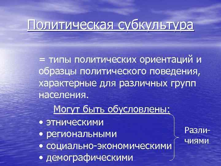 Политическая субкультура = типы политических ориентаций и образцы политического поведения, характерные для различных групп