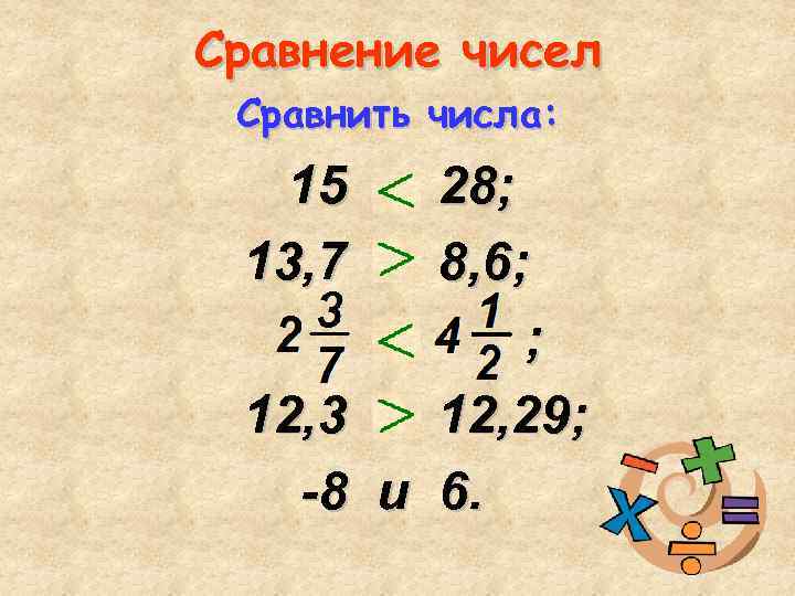 Сравнение чисел Сравнить числа: 15 и 28; 13, 7 и 8, 6; и ;