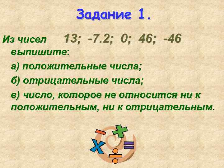 Задание 1. Из чисел 13; -7. 2; 0; 46; -46 выпишите: а) положительные числа;