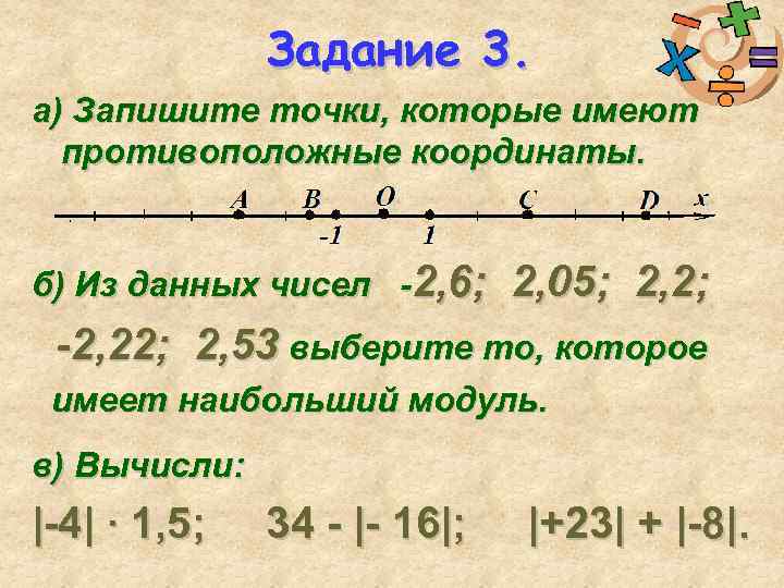 Задание 3. а) Запишите точки, которые имеют противоположные координаты. б) Из данных чисел -2,