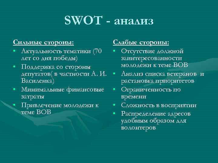 SWOT - анализ Сильные стороны: • Актуальность тематики (70 лет со дня победы) •