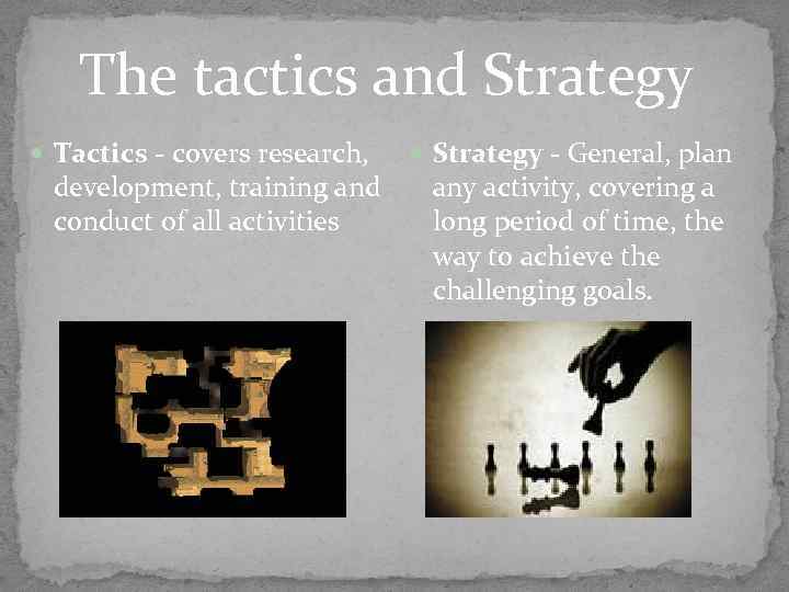 The tactics and Strategy Tactics - covers research, development, training and conduct of all