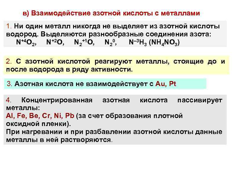 в) Взаимодействие азотной кислоты с металлами 1. Ни один металл никогда не выделяет из