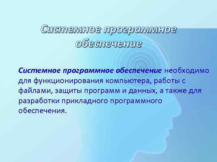 Системное программное обеспечение необходимо для функционирования компьютера, работы с файлами, защиты программ и данных,