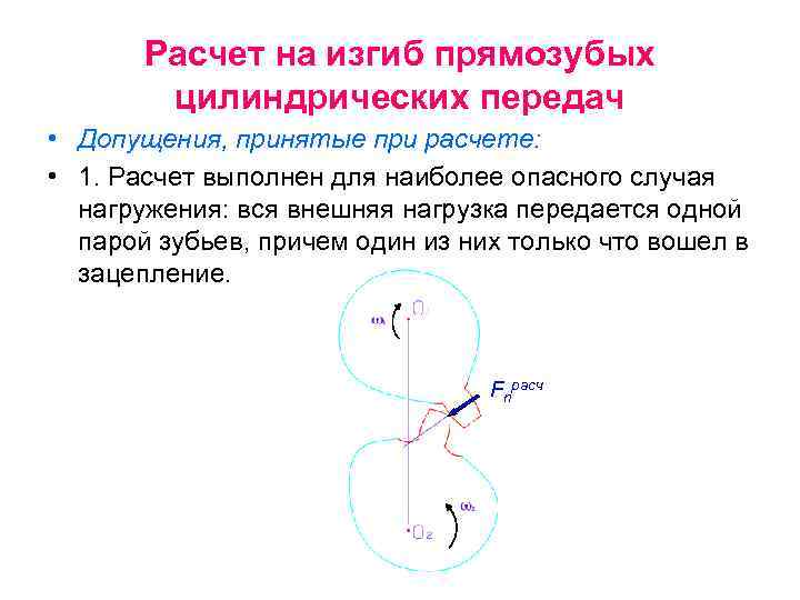 Расчет на изгиб прямозубых цилиндрических передач • Допущения, принятые при расчете: • 1. Расчет