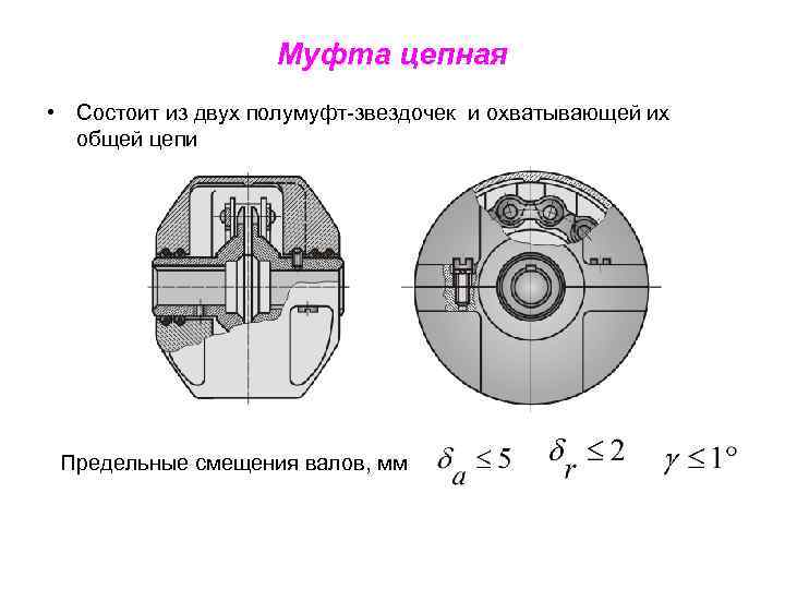 Изображенная на рисунке компенсирующая цепная муфта имеет следующие характеристики