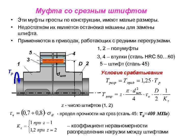 Муфта со срезным штифтом • Эти муфты просты по конструкции, имеют малые размеры. •
