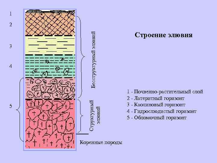 1 4 5 Структурный элювий 3 Бесструктурный элювий 2 Коренные породы Строение элювия 1