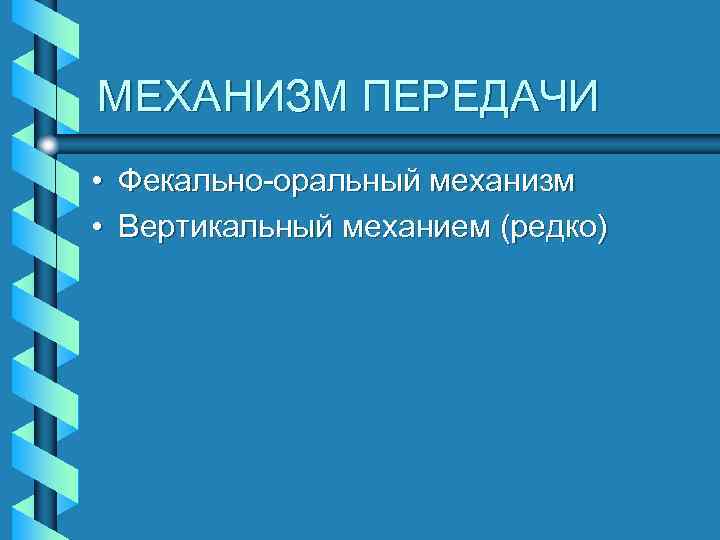 МЕХАНИЗМ ПЕРЕДАЧИ • Фекально-оральный механизм • Вертикальный механием (редко) 